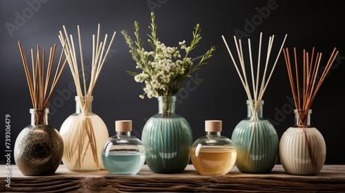 A serene collection of home fragrance diffusers and aromatizers, sleek reed diffusers, elegant aroma photo