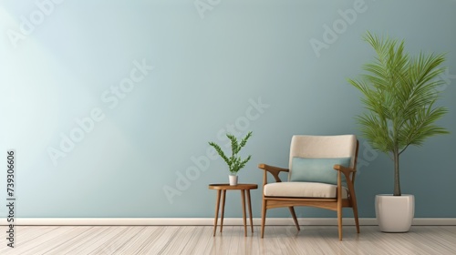 Chair and a table in a room with a blue wall behind it photo