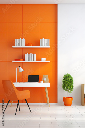 A mockup of a colorful office interior with a sleek white desk  a vibrant orange chair  and minimalist wall shelves.