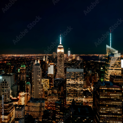 Aerial panorama of New York City skyscrapers at dusk as seen from above the 29th street  close to Hudson Yards and Chelsea neighborhood