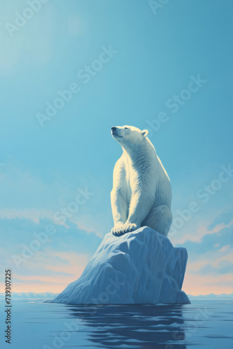 White bear sitting on small melting iceberg in the ocean. Polar bear at north