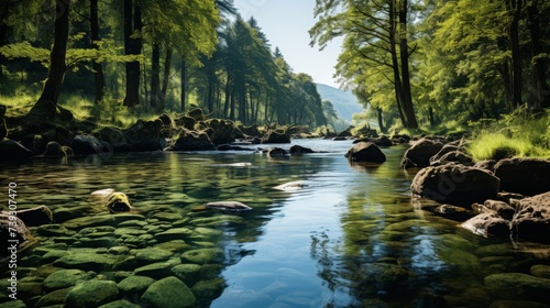 A serene river in a mountain forest, the gentle flow reflecting the surrounding trees and sky, the t