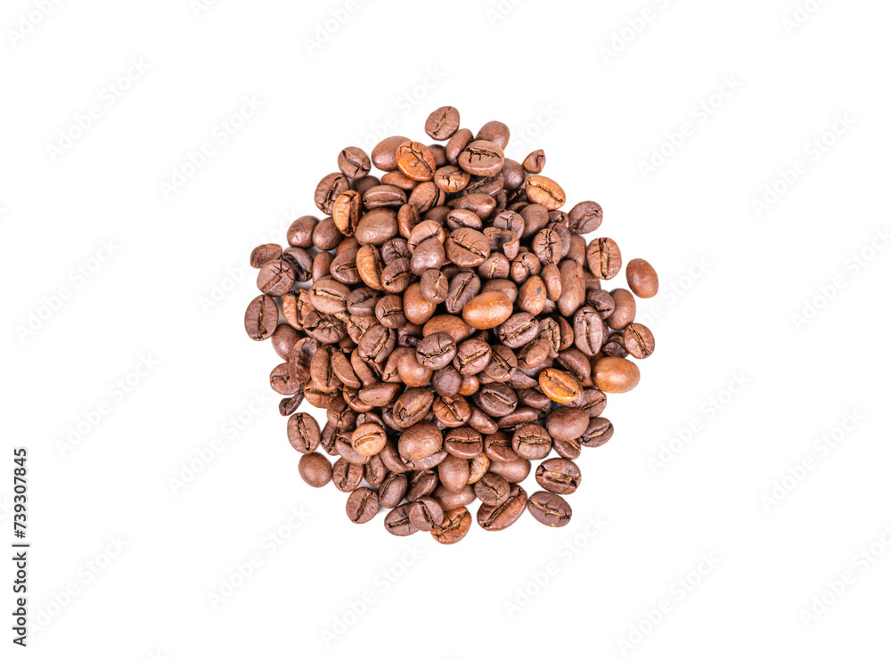 Heap of roasted coffee beans isolate top view Heap of roasted coffee beans isolate top view
