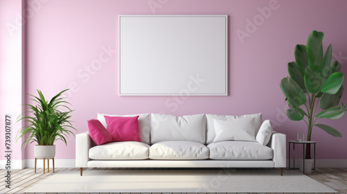 A mockup of a modern living room with a blank white empty frame  showcasing a vibrant  contemporary digital illustration that adds a touch of whimsy.