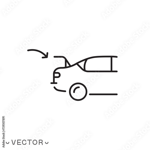 car with open trunk icon, self export, boot pickup, receive package, courier order delivery, thin line symbol isolated on white background, editable stroke eps 10 vector illustration