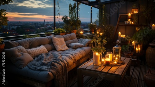 A cozy balcony at dusk, a soft blanket and a book on a comfortable outdoor sofa, potted plants gentl