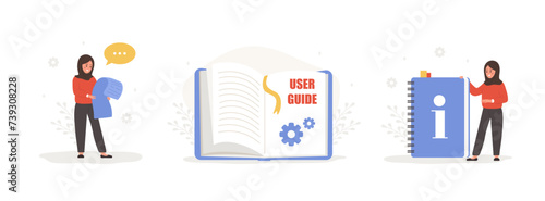 User manual concept. Female characters with guide instructions. Arabian women reading user agreement, terms and conditions. FAQ or customer support. Set of vector illustrations in flat cartoon style.