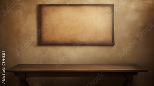 Picture of a table with an empty vintage old picture frame in the middle
