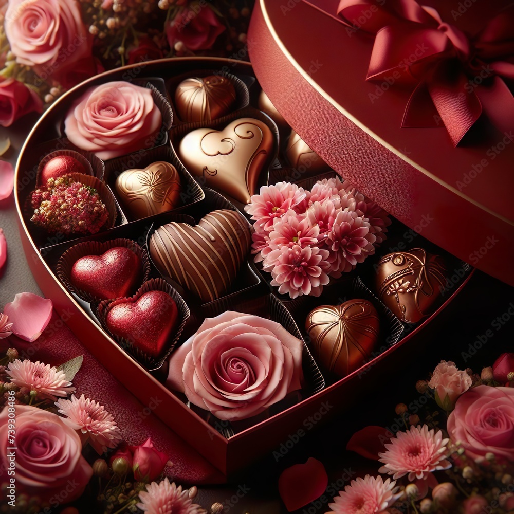 Luxury valentine chocolates in heart shaped gift box and tender flowers Luxury valentine chocolates in heart shaped gift box and tender flowers