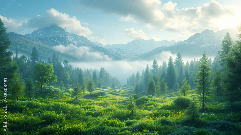 Beauty in nature. Beautiful mountains, green meadow and forest in summer. 