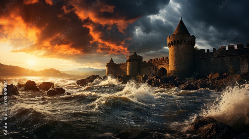 A dramatic seascape with stormy skies over an ancient port, the formidable fortress standing guard o