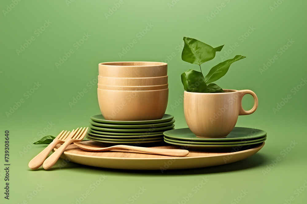 The concept of eco-friendly tableware plates, cups and cutlery made from natural materials, generated by AI. 3D illustration The concept of eco-friendly tableware plates, cups and cutlery made from natural materials, generated by AI. 3D illustration