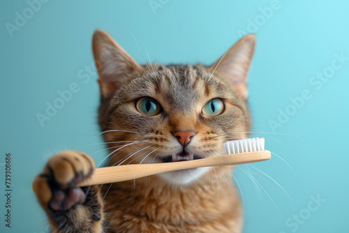 Funny brown cat brushing teeth with wooden toothbrush. Vet clinic and dentistry for pets banner. photo