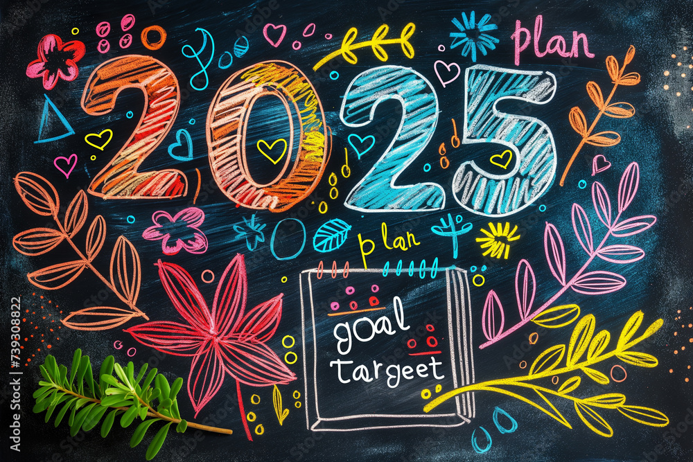 Goal and target for 2025 on black chalkboard. Goal and target for 2025 on black chalkboard.