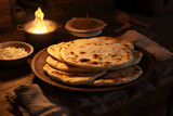 Close-up of freshly baked flatbreads on the table next to the fire,  generated by AI. 3D illustration