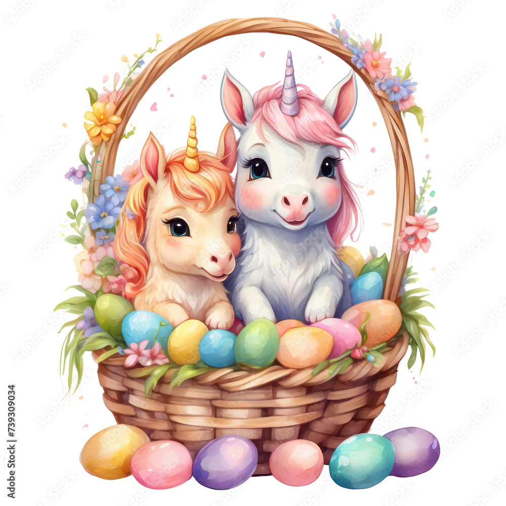an adorable illustration of happy chibi baby Unicorns in an Easter basket for a kid's room,watercolor style,PNG format,isolated on a white background