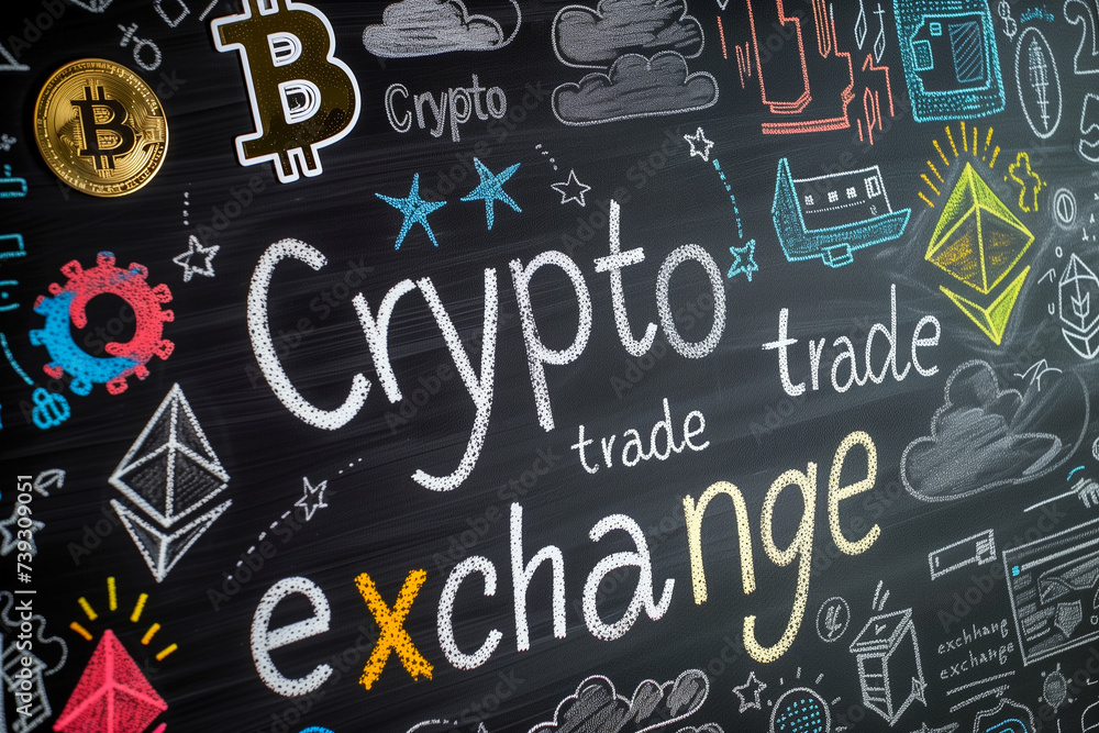 Signs Crypto Trade and Exchange on the black chalkboard with different symbols of cryptocurrency trading. 