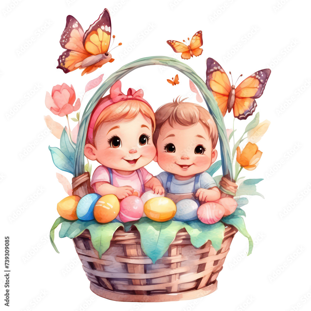 an adorable illustration of happy chibi baby Boy and girl in an Easter basket for a kid's room,watercolor style,PNG format,isolated on a white background an adorable illustration of happy chibi baby Boy and girl in an Easter basket for a kid's room,watercolor style,PNG format,isolated on a white background