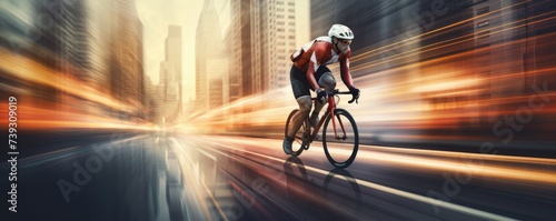 Amazing shot of racing road cyclist with city buildings blur.