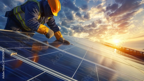 Lavoratore con dispositivi di protezione individuale allinea accuratamente un pannello solare sul tetto photo