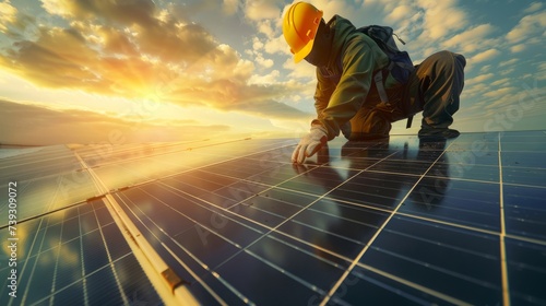 Lavoratore con dispositivi di protezione individuale allinea accuratamente un pannello solare sul tetto photo