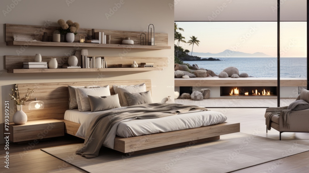 A tranquil modern bedroom, soft textures and a neutral color palette creating an atmosphere of seren A tranquil modern bedroom, soft textures and a neutral color palette creating an atmosphere of seren