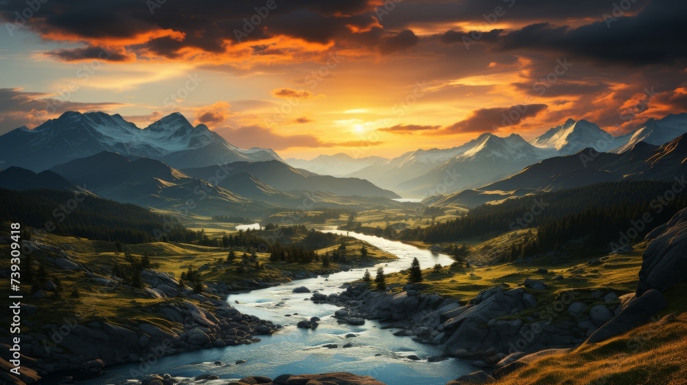 A majestic mountain range at sunrise, the peaks bathed in a warm golden light, the valleys still shr