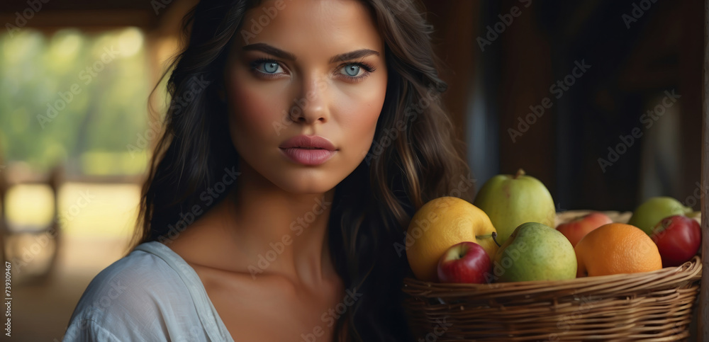 Portrait of a young woman blonde with a very beautiful face, a farmer holding a fruit basket