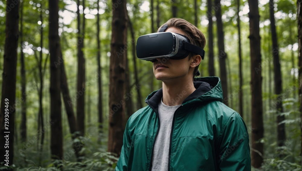 man wearing virtual reality goggles in the forest
