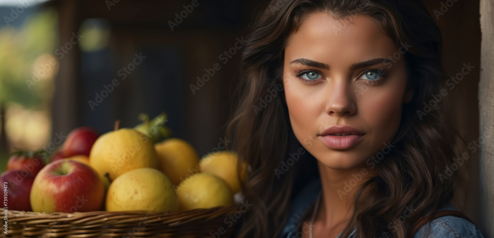 Portrait of a young woman blonde with a very beautiful face, a farmer holding a fruit basket