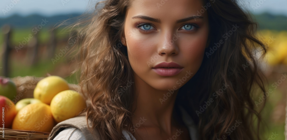 Portrait of a young woman blonde with a very beautiful face, a farmer holding a fruit basket