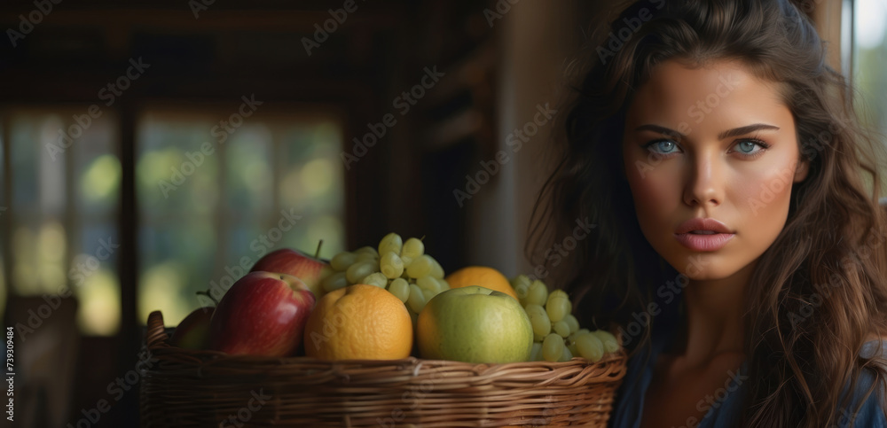 Portrait of a young woman blonde with a very beautiful face, a farmer holding a fruit basket