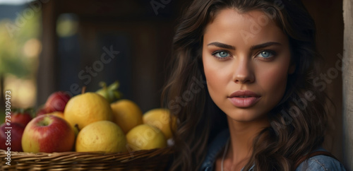 Obraz na płótnie Portrait of a young woman blonde with a very beautiful face, a farmer holding a fruit basket w salonie