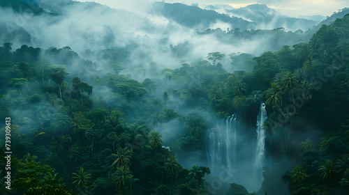 A dense tropical rainforest  with misty waterfalls as the background  during early morning fog