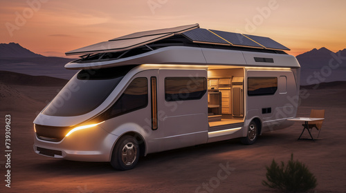 Futuristic design of electric camper van powered solar energy panel. Camper van with solar panels on the roof. © AB-lifepct