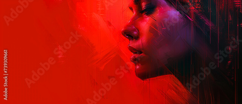 Captivating woman's portrait with abstract grunge texture. Deep red burgundy ultra-wide gradient backdrop. Ideal for design, banners, wallpapers, templates, art, creative projects. Aspect ratio 21:9