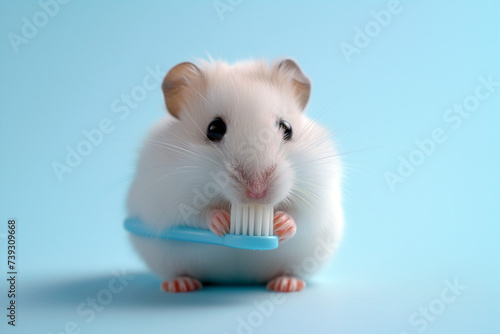 Cute white fluffy hamster brushes teeth using toothbrush on blue backdrop. © AB-lifepct