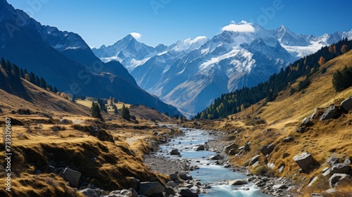 A panoramic view of a majestic mountain range  snow-capped peaks under a clear blue sky  valleys bel