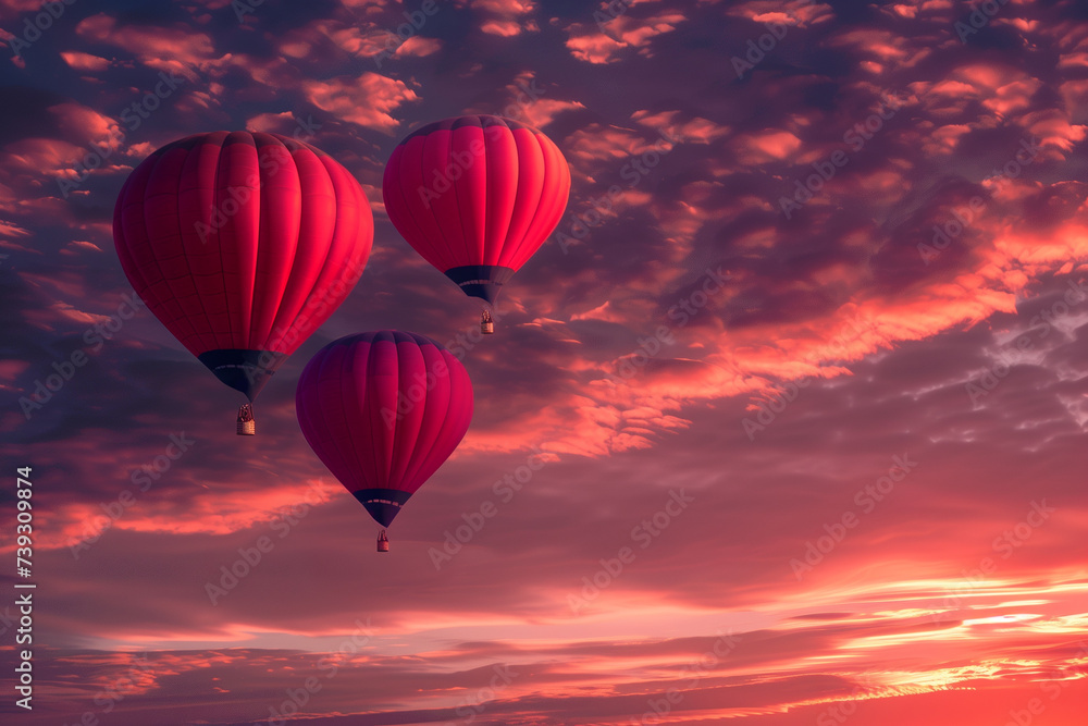 Romantic heart-shaped hot air balloons at sunset