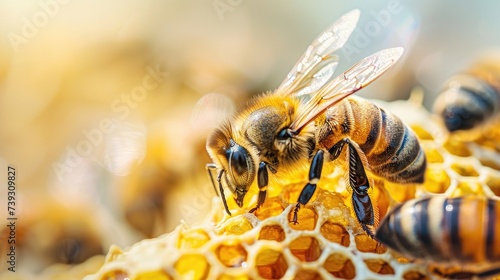 Close up view of the working bees on honey cells © ISK PRODUCTION