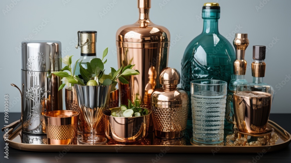 A stylish array of home cocktail-making sets, including shakers, strainers, and glasses, displayed o A stylish array of home cocktail-making sets, including shakers, strainers, and glasses, displayed o