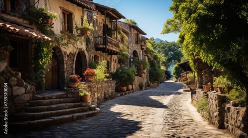 A quaint secluded village nestled in a valley, rustic houses, tranquil streets, a serene and simple photo
