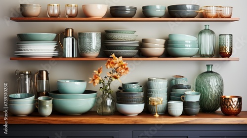 A variety of ceramic and porcelain dinnerware, including plates, bowls, and mugs, elegantly presente