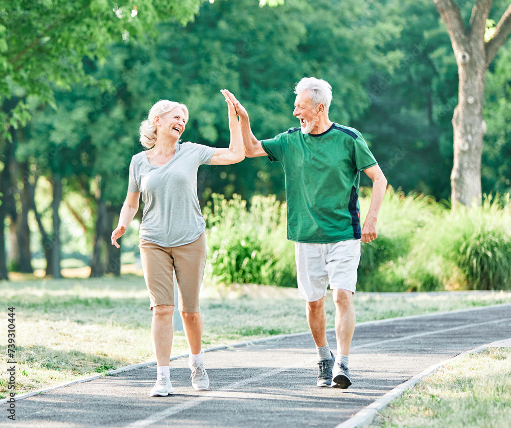 Obraz premium woman senior man outdoor running couple lifestyle sport smiling together jogging healthy nature fit happy active retirement exercise fitness run