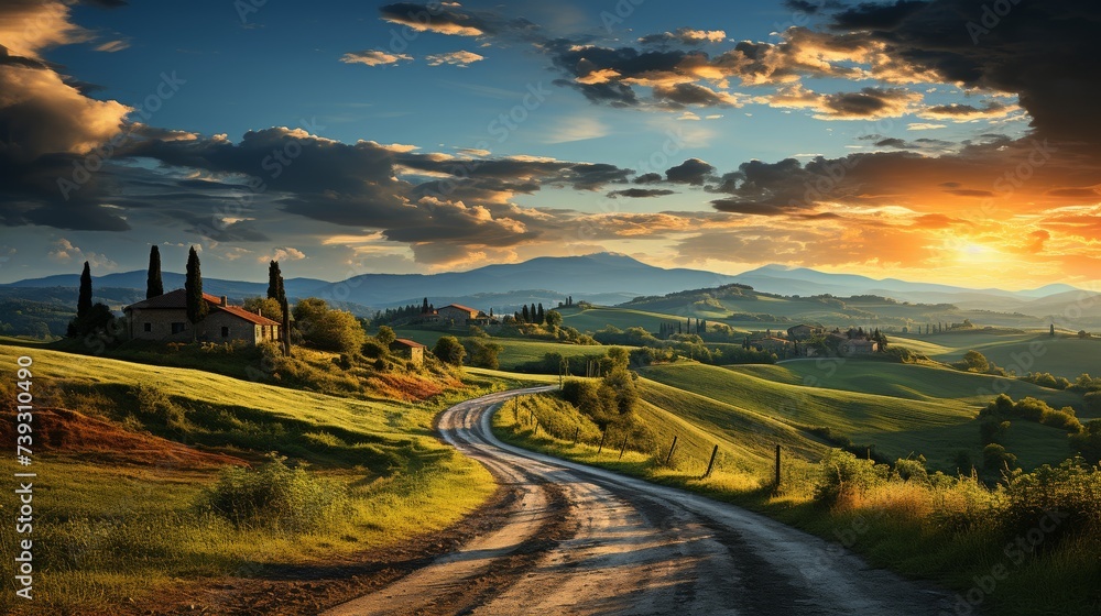Fototapeta premium A panoramic view of rolling hills and sun-drenched fields, the setting sun casting a warm golden hue