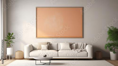 A mockup of a modern living room with a blank white empty frame, showcasing a dynamic, abstract digital collage that sparks curiosity and intrigue.