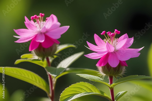 Two Pink Flowers With Green Leaves in Background