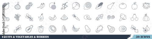 Set of 39 outline icons related to fruits, vegetables and berries. Vector linear icon collection. Editable stroke.