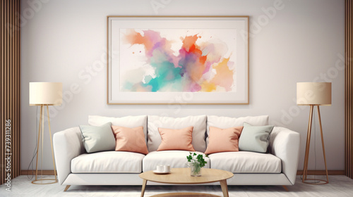 A mockup of a modern living room with a blank white empty frame  showcasing a dynamic  abstract digital painting that energizes the space.