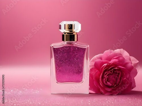A Realistic Perfume in Glass Bottle on Luxurious Flower Background – Ideal Advertising Poster for Introducing a New Fragrance, Luxury Glass Perfume Bottle with Beautiful Floral  Background